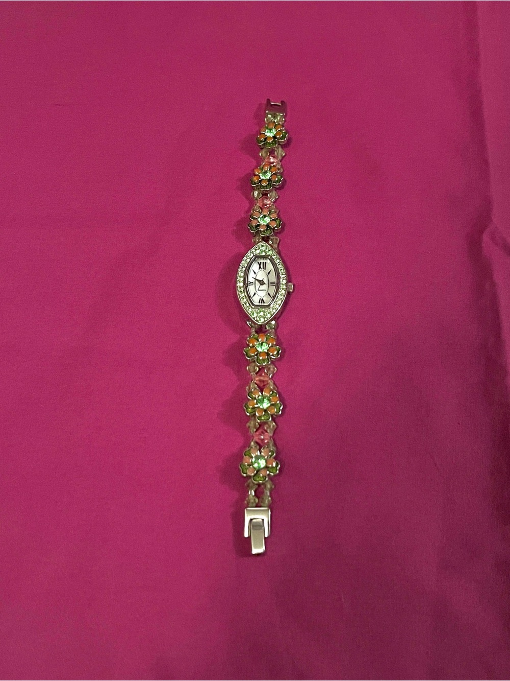 Floral Crystal Bracelet Watch in Green and Pink Accents